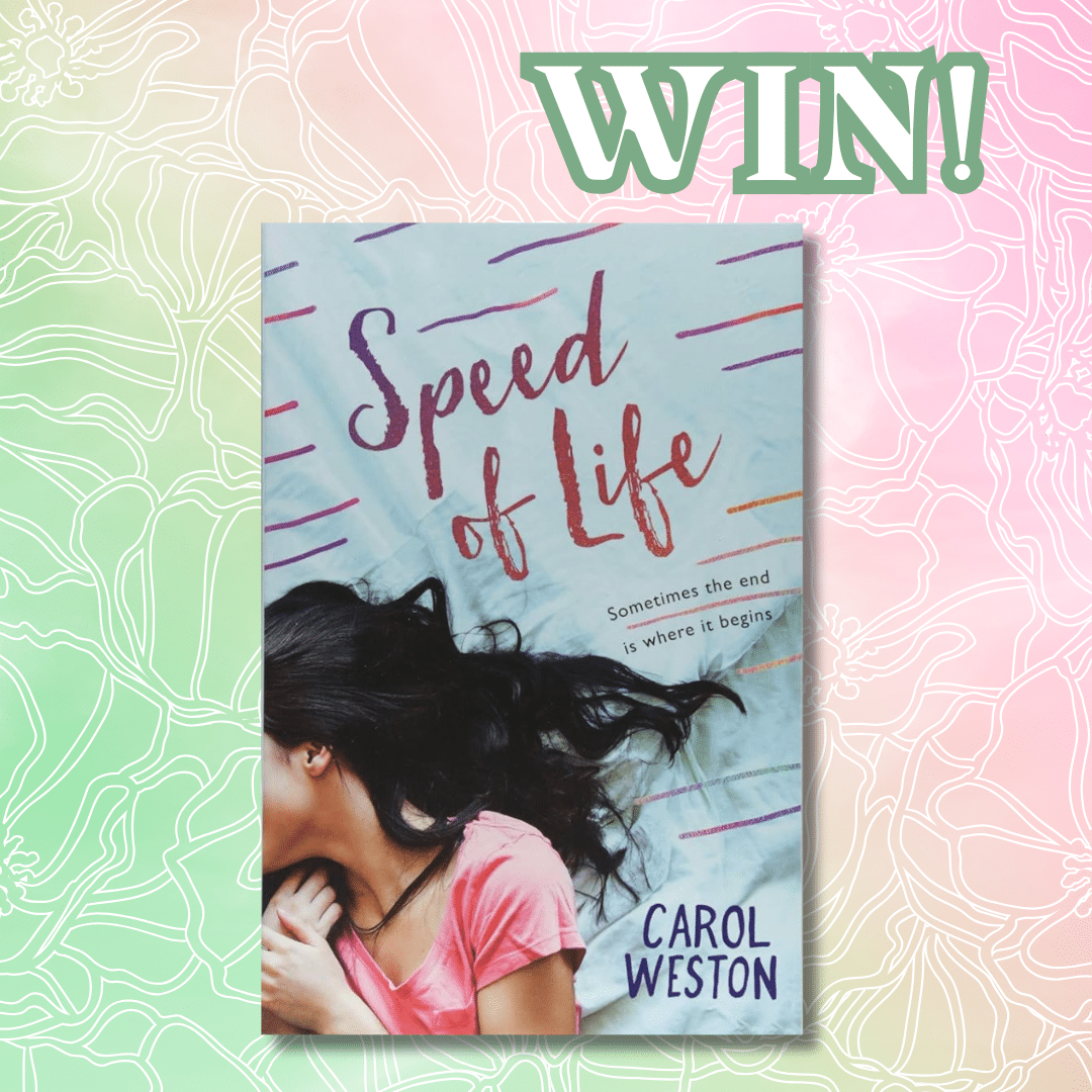Book giveaway graphic featuring the cover of Speed of Life by Carol Weston on a pastel floral background, with the large word WIN! at the top. The cover shows a girl with long hair in a pink shirt.