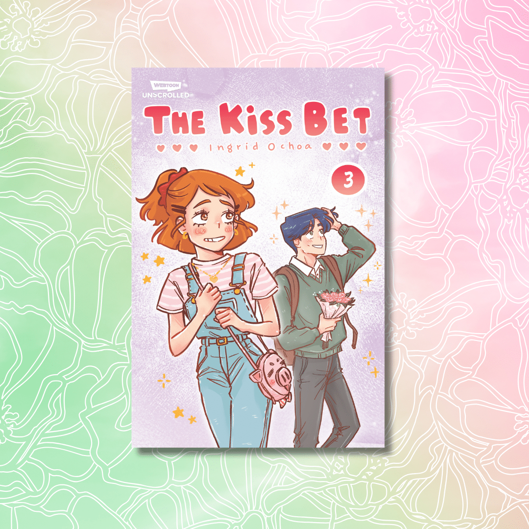 The cover of The Kiss Bet by Ingrid Ochoa, a charming pick for Spectacular Books and Spring Reads, shows a shy girl holding books and a bag, with a blushing boy holding flowers against a pink heart-filled background. Volume 3 is displayed.