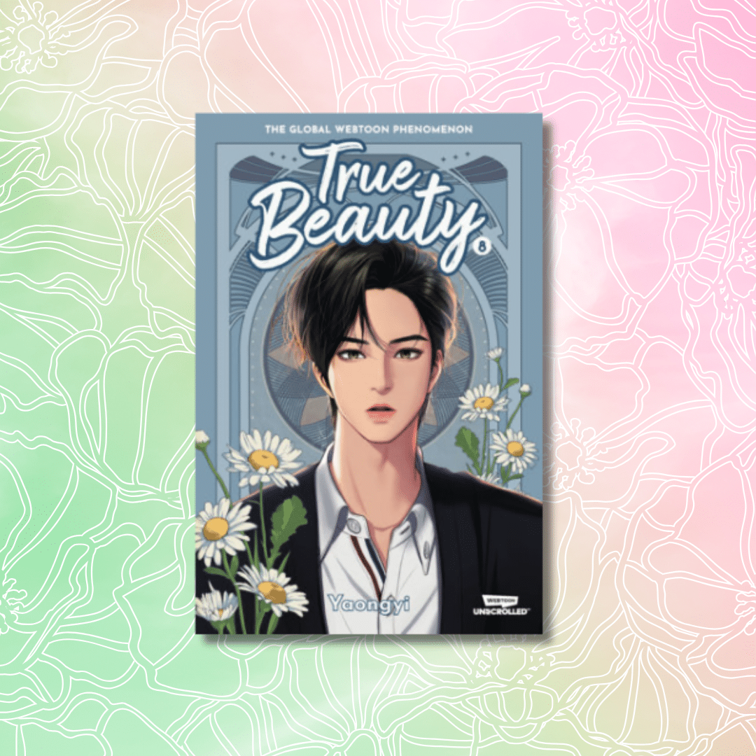 A book cover of True Beauty by Yaongyi features an illustrated young man with black hair wearing a suit, surrounded by daisies, against a pastel floral background—perfect for fans seeking spectacular spring reads.