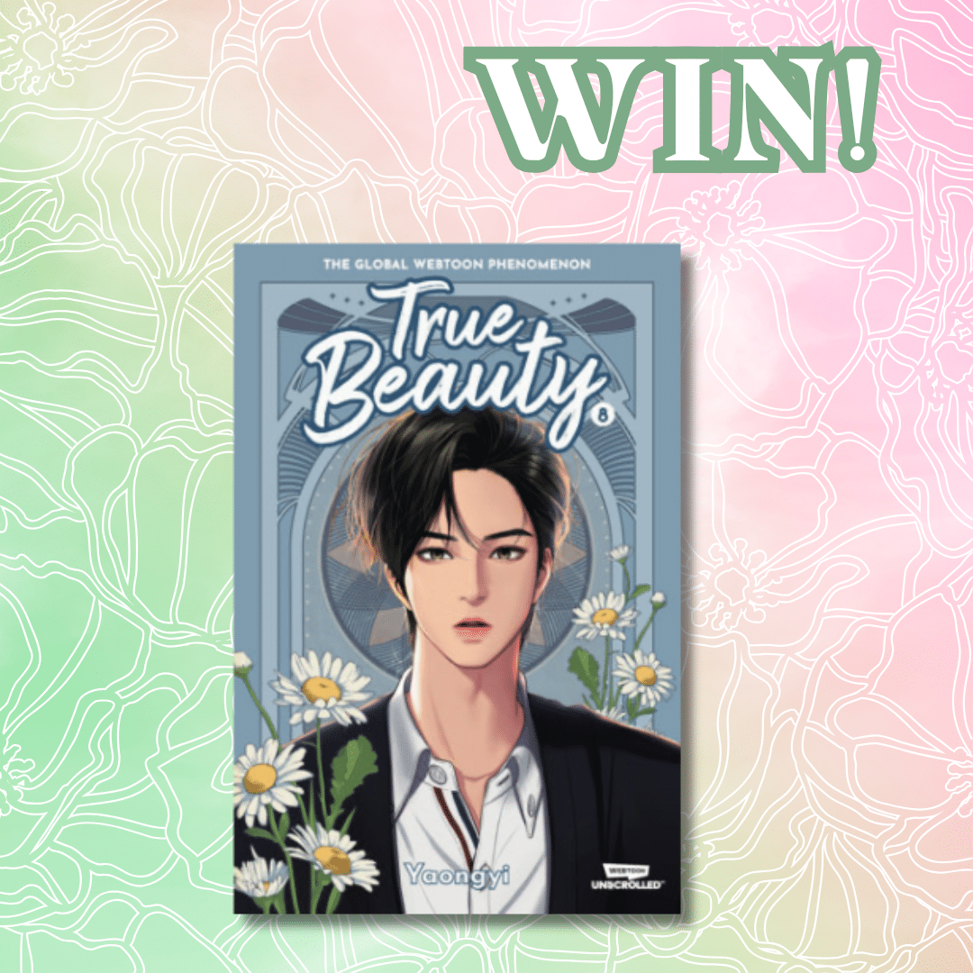 A book titled True Beauty by Yaongyi is centered on a pastel floral background. The word WIN! appears at the top right in bold green letters. The book cover features an illustrated character with dark hair and daisies.
