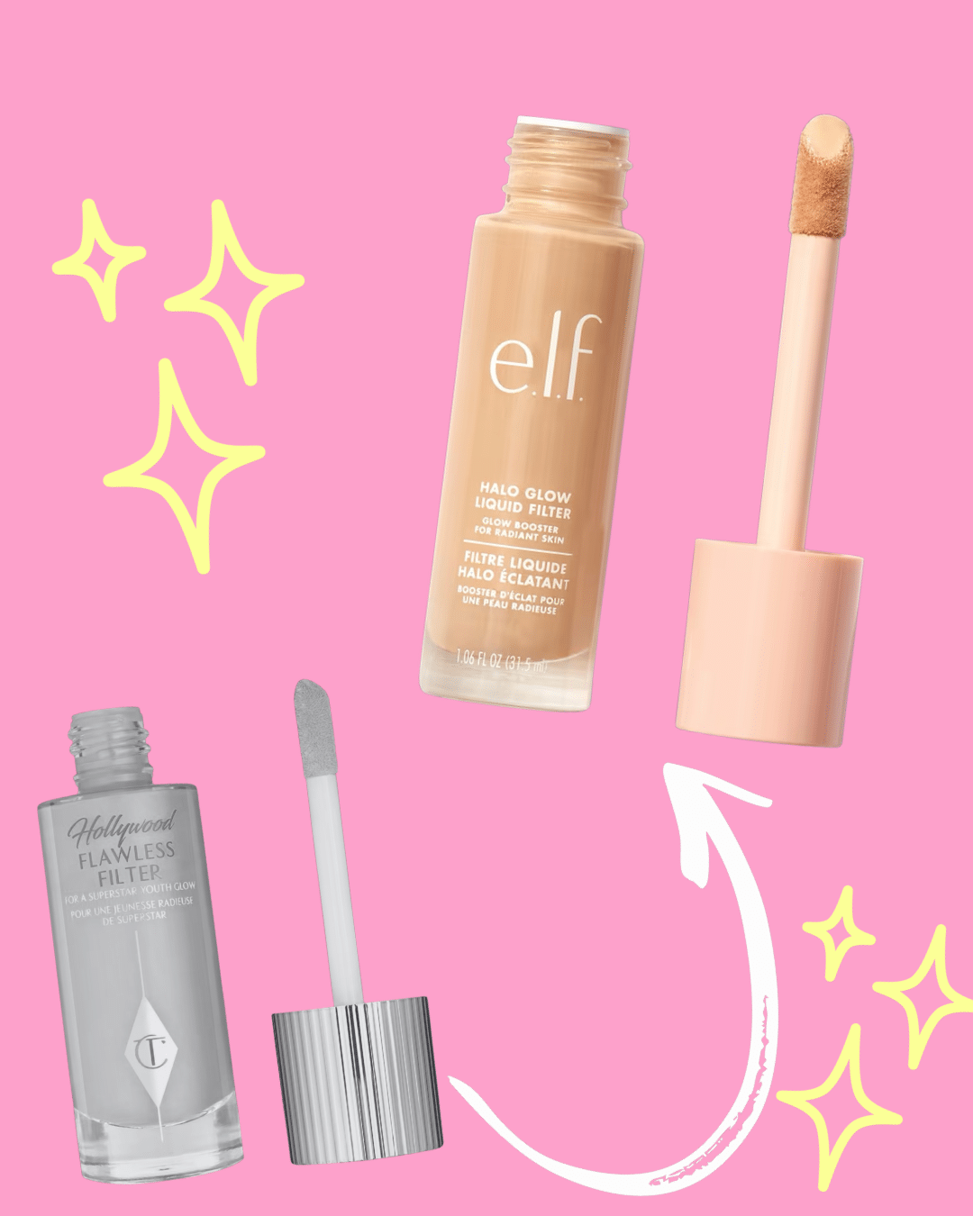 Two bottles of liquid makeup with applicators open and visible; one is e.l.f. Halo Glow Liquid Filter in beige, the other is Charlotte Tilbury Hollywood Flawless Filter in light gray, on a pink background with yellow stars and a white arrow.