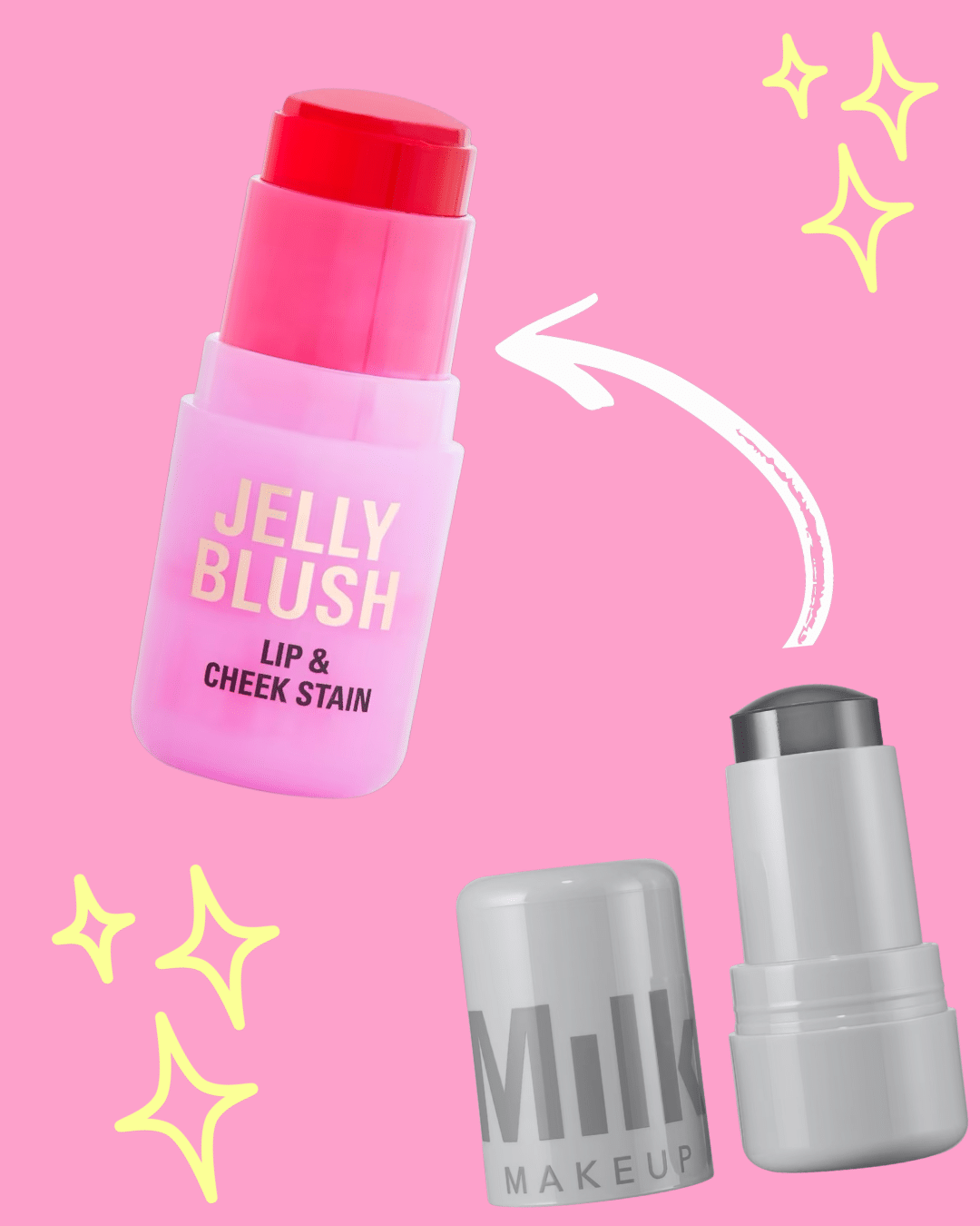 A pink jelly blush stick labeled Jelly Blush Lip & Cheek Stain is shown above a gray Milk Makeup stick on a pink background with yellow sparkles and a white arrow pointing to the blush.