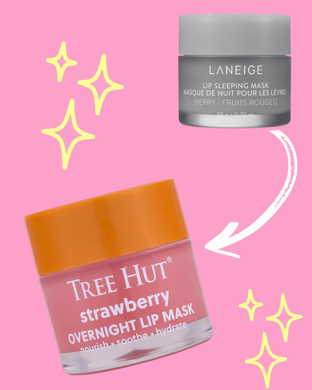 A jar of Laneige Lip Sleeping Mask and a jar of Tree Hut Strawberry Overnight Lip Mask are shown on a pink background with illustrated yellow sparkles and a white arrow pointing from the Laneige jar to the Tree Hut jar.