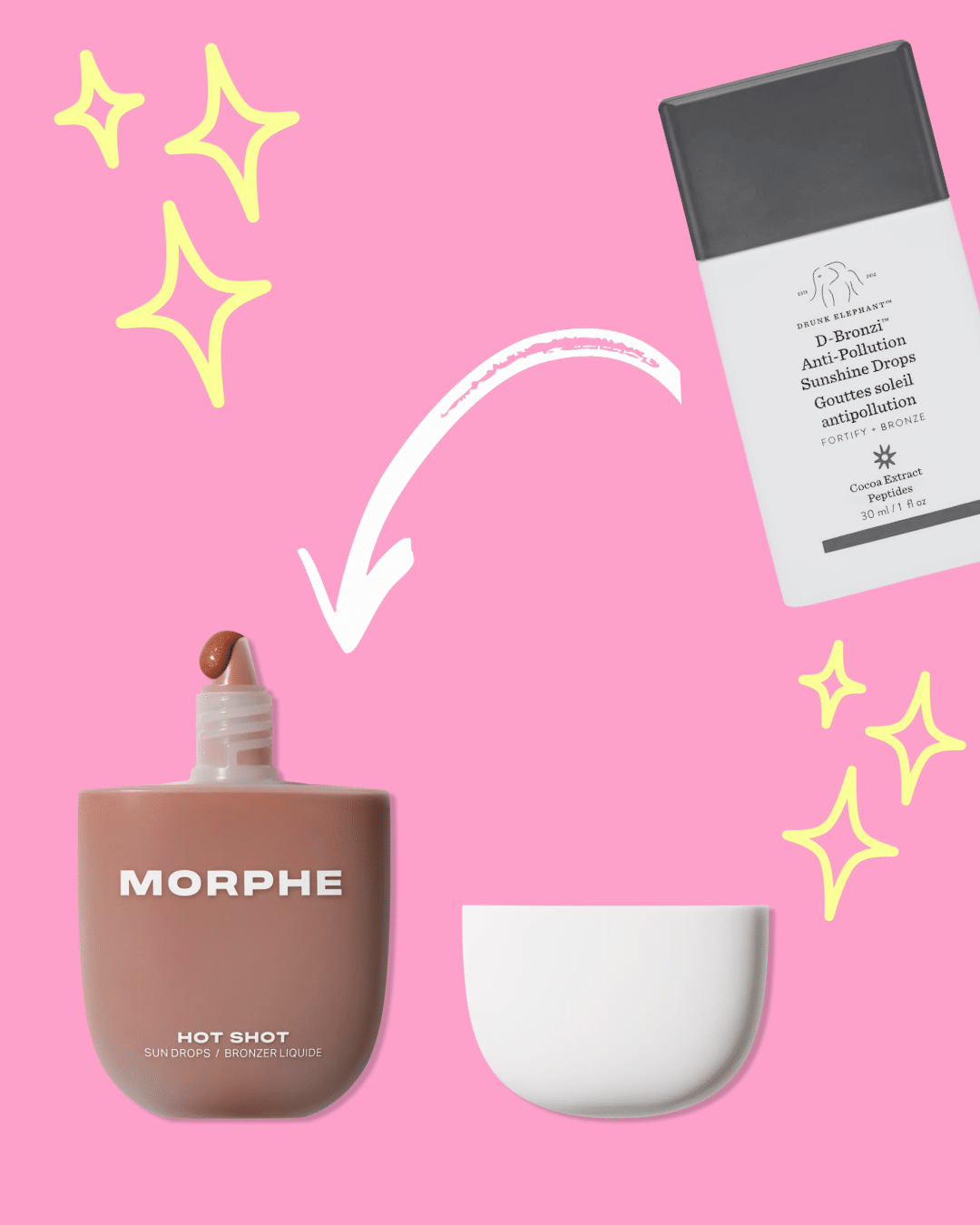 A bottle of Morphe Hot Shot Sun Drops with its white cap off, a drop of product visible on the tip, is shown on a pink background next to a Drunk Elephant D-Bronzi bottle and yellow sparkle illustrations.