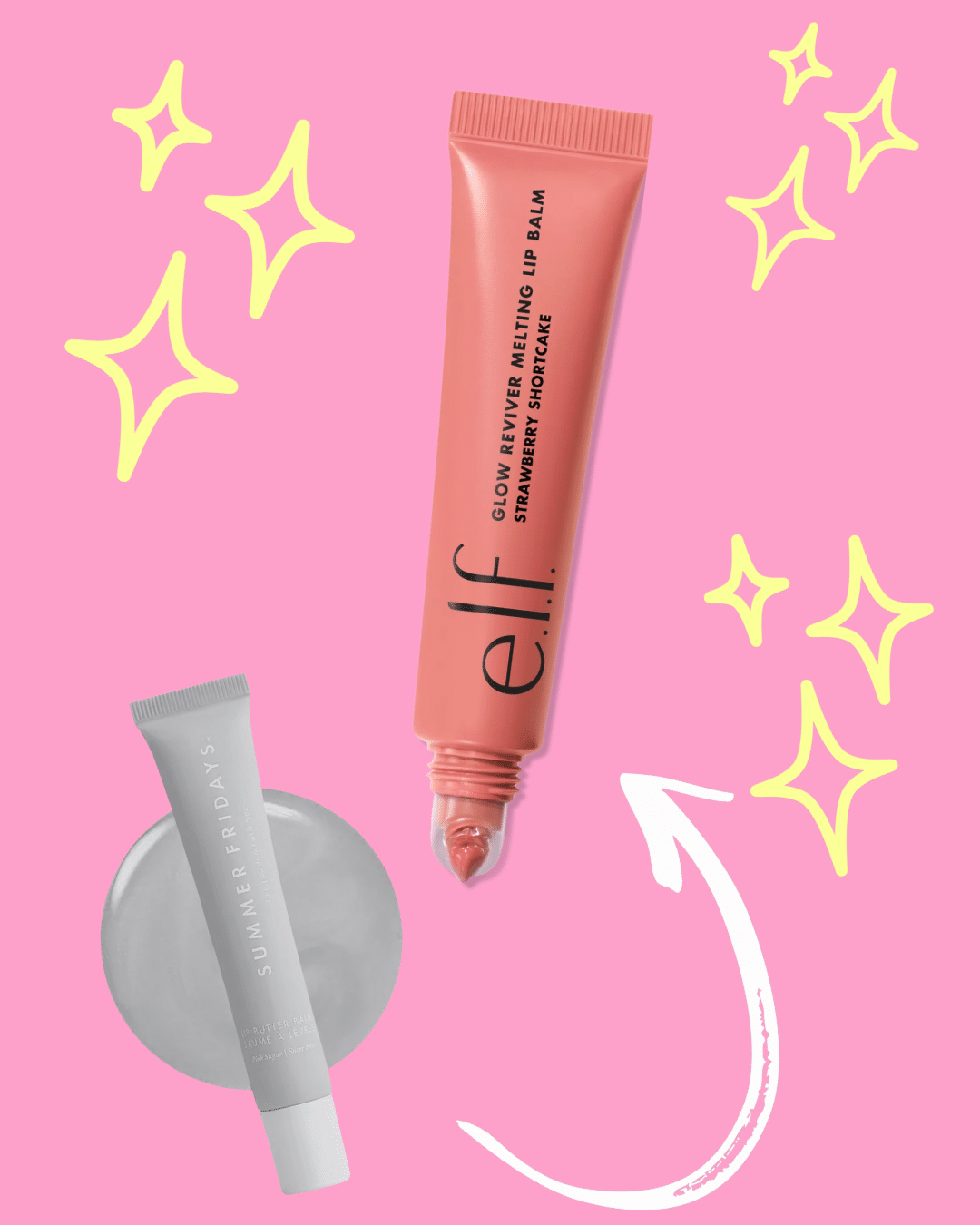 Two lip balm tubes—one pink from e.l.f. and one gray from Summer Fridays—are displayed on a pink background with yellow star doodles and a white arrow pointing to the e.l.f. balm.