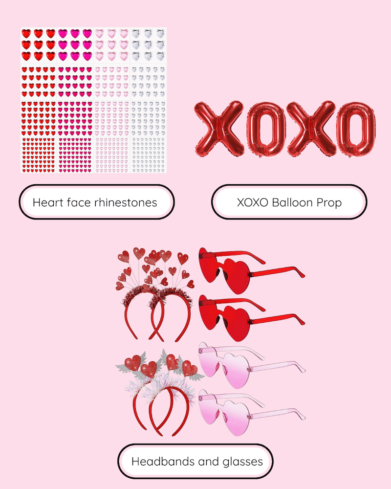 A selection of Valentine’s Day accessories perfect for a Galentine’s Day party, including heart face rhinestone stickers, an XOXO balloon prop, red and pink heart-shaped glasses, and decorative heart headbands on a pink background.