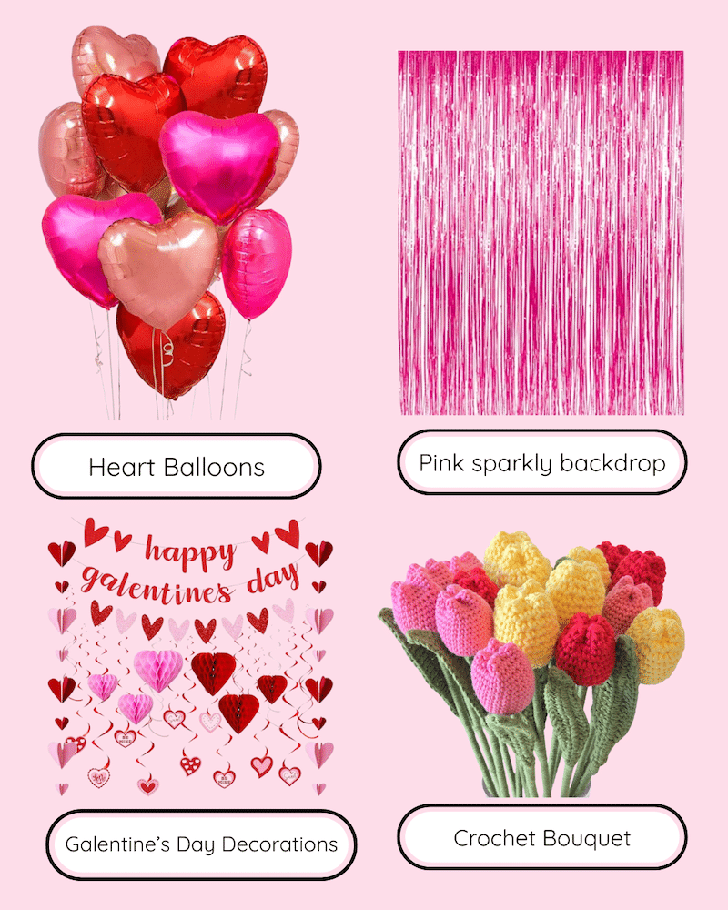 A collage with four items: red and pink heart-shaped balloons, a pink sparkly tinsel backdrop, Galentine’s Day heart decorations, and a bouquet of colorful crochet tulips—perfect inspiration for your next Galentine's Day party.