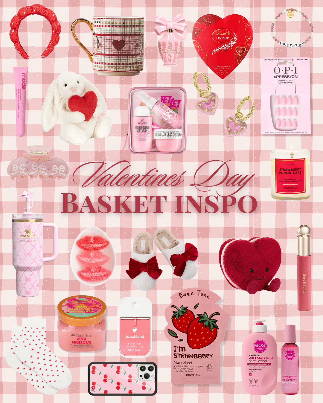 A collage titled Valentines Day Basket Inspo displays budget-friendly pink and red Valentine’s Day gifts, including mugs, plush toys, skincare, jewelry, socks, drinks, candles, and accessories on a pink gingham background.