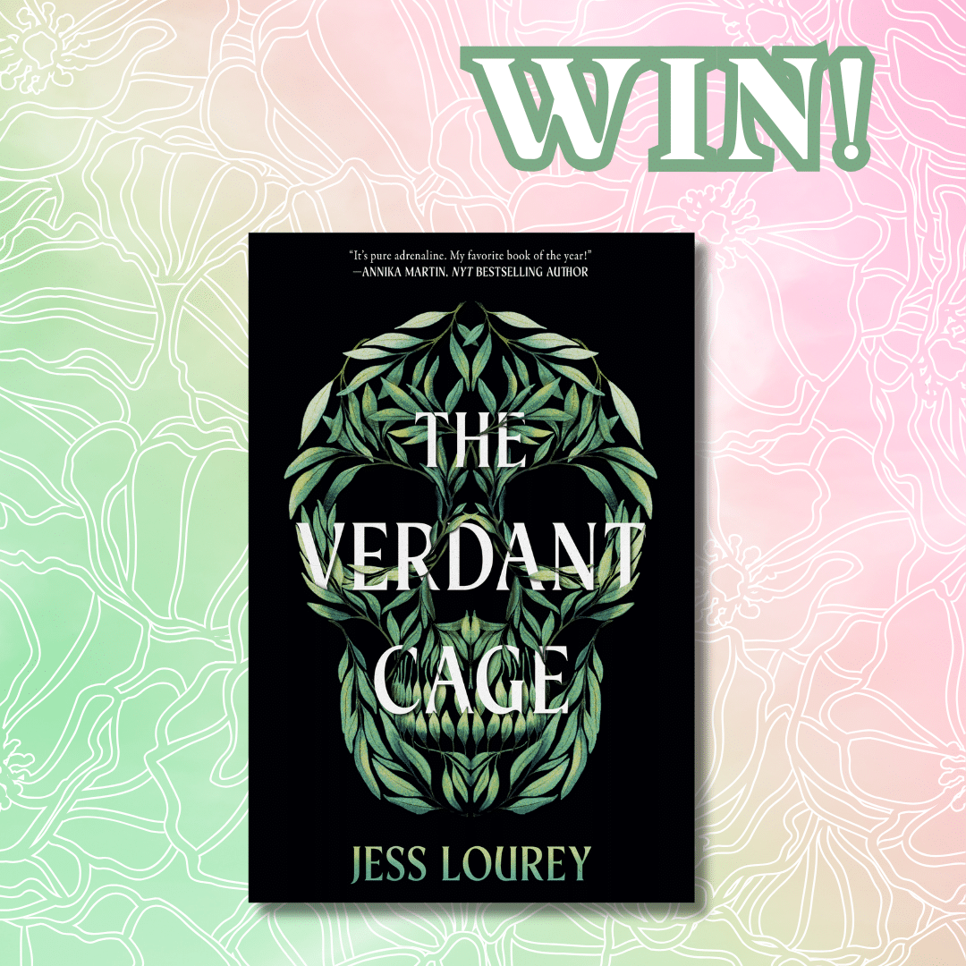 A book titled The Verdant Cage by Jess Lourey with a leafy green skull design on the cover is displayed on a pastel, floral-patterned background. The word WIN! is written at the top in bold green letters.