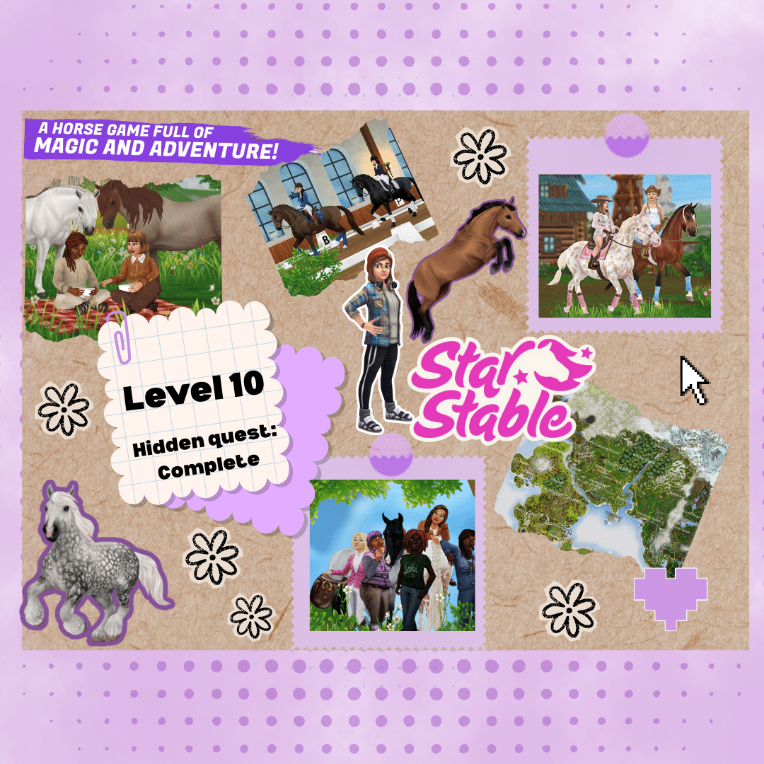 A colorful collage for Star Stable, featuring horses, riders, a map, and game achievements. Text reads, “A horse game full of magic and adventure!” and “Level 10, Hidden quest: complete.” Perfect inspiration for your cozy gaming journey!.