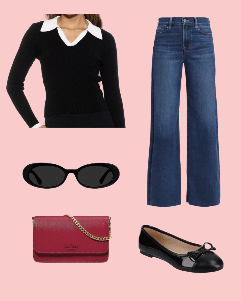 A flat lay inspired by celeb style: a black sweater with a white collar, blue wide-leg jeans, black oval sunglasses, a red crossbody bag with a gold chain, and black ballet flats on a pink background.