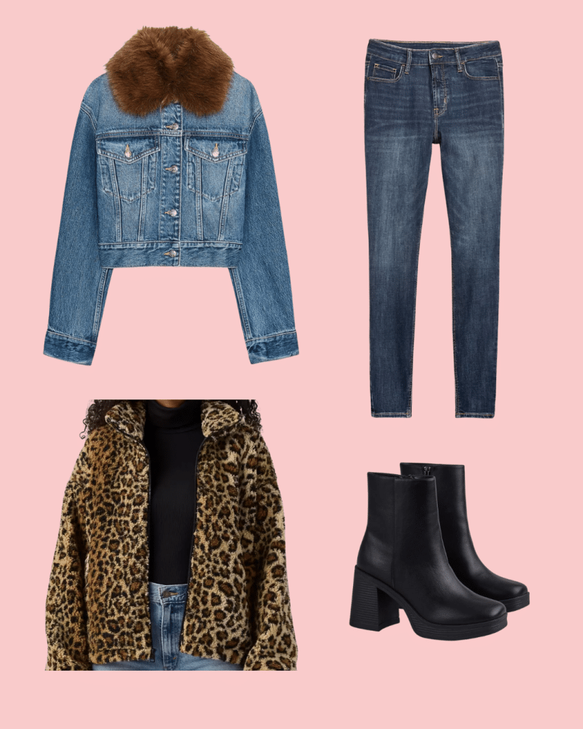 Four fashion items on a pink background showcase winter fashion: a denim jacket with a brown fur collar, blue jeans, a leopard print faux fur coat, and black heeled ankle boots for celeb style flair.
