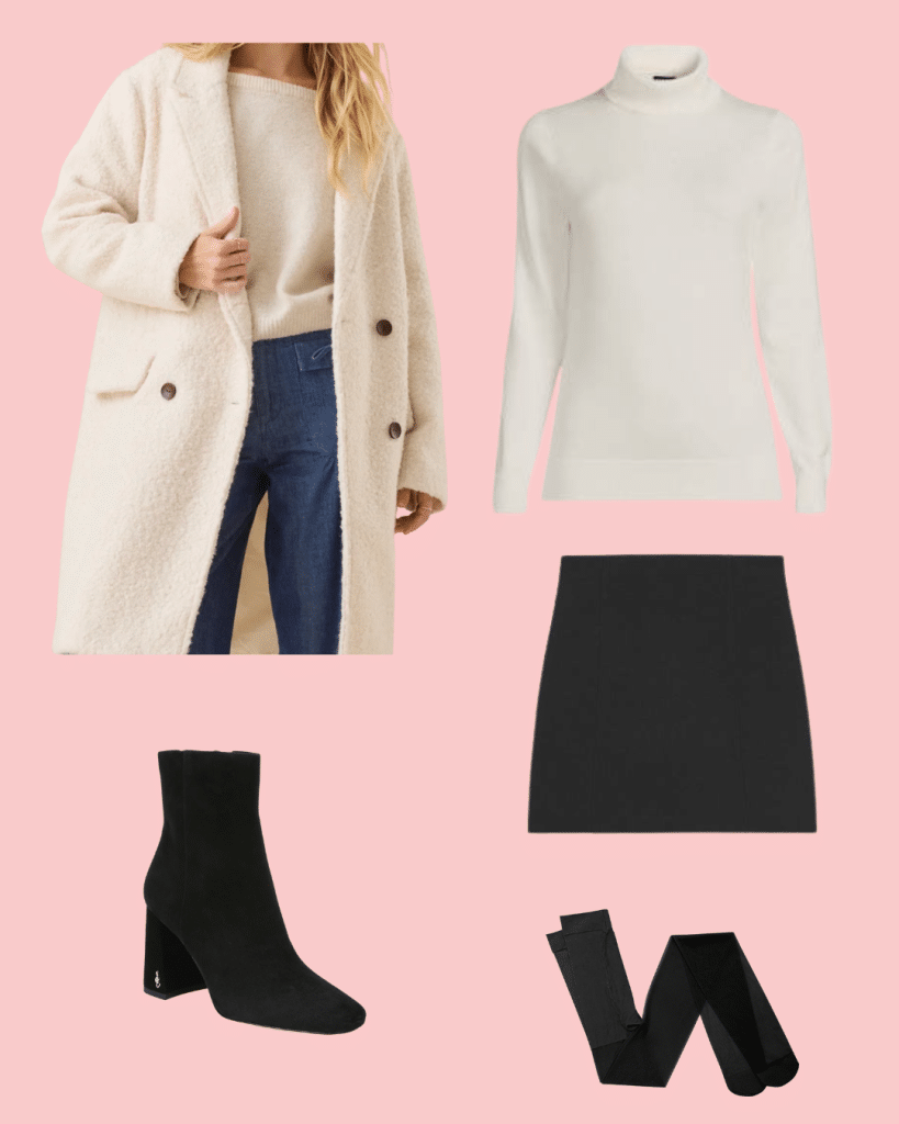 A collage displays a cream teddy coat, a white turtleneck sweater, a black mini skirt, black heeled ankle boots, and black tights on a pink background—perfect inspiration for winter fashion and celeb style.