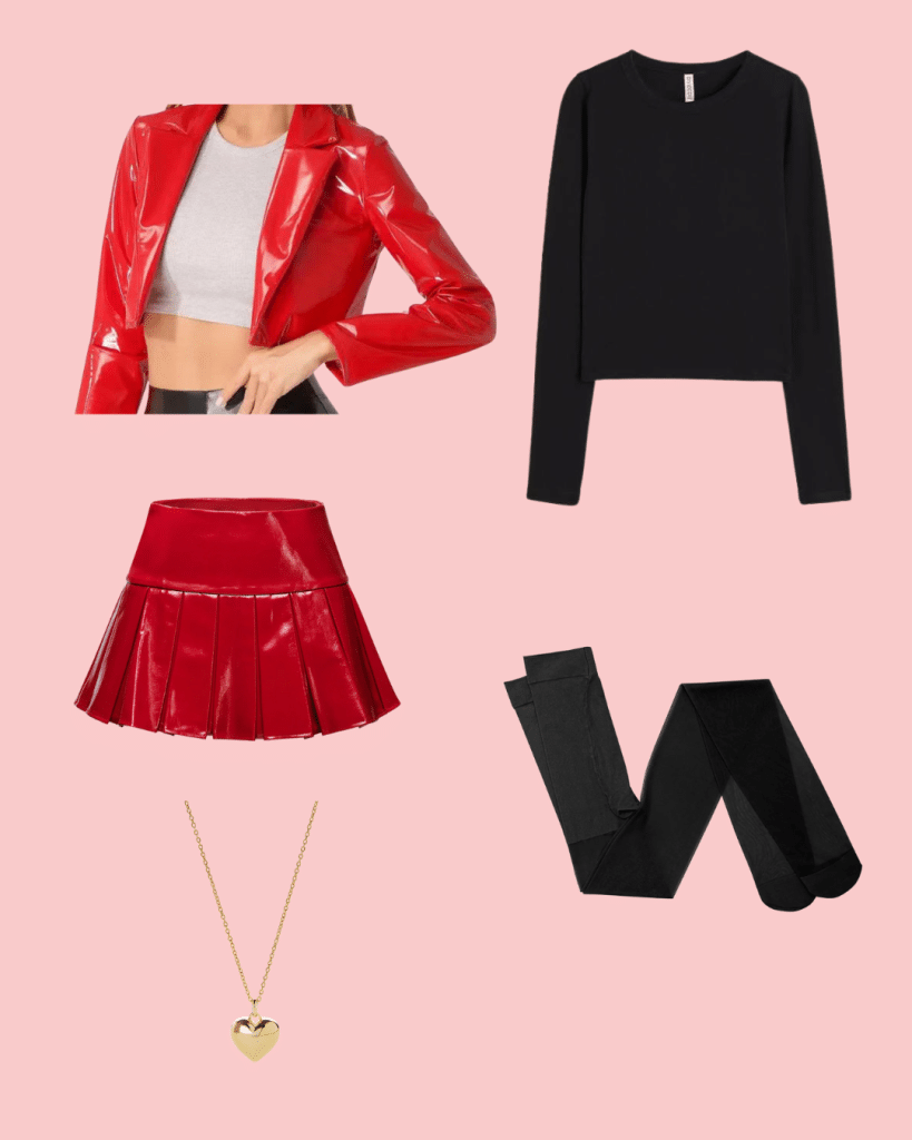 A collage of clothing items inspired by celeb style on a pink background: a red patent leather jacket, black long-sleeve shirt, red pleated mini skirt, black tights, and a gold heart pendant necklace. Perfect for chic winter fashion.
